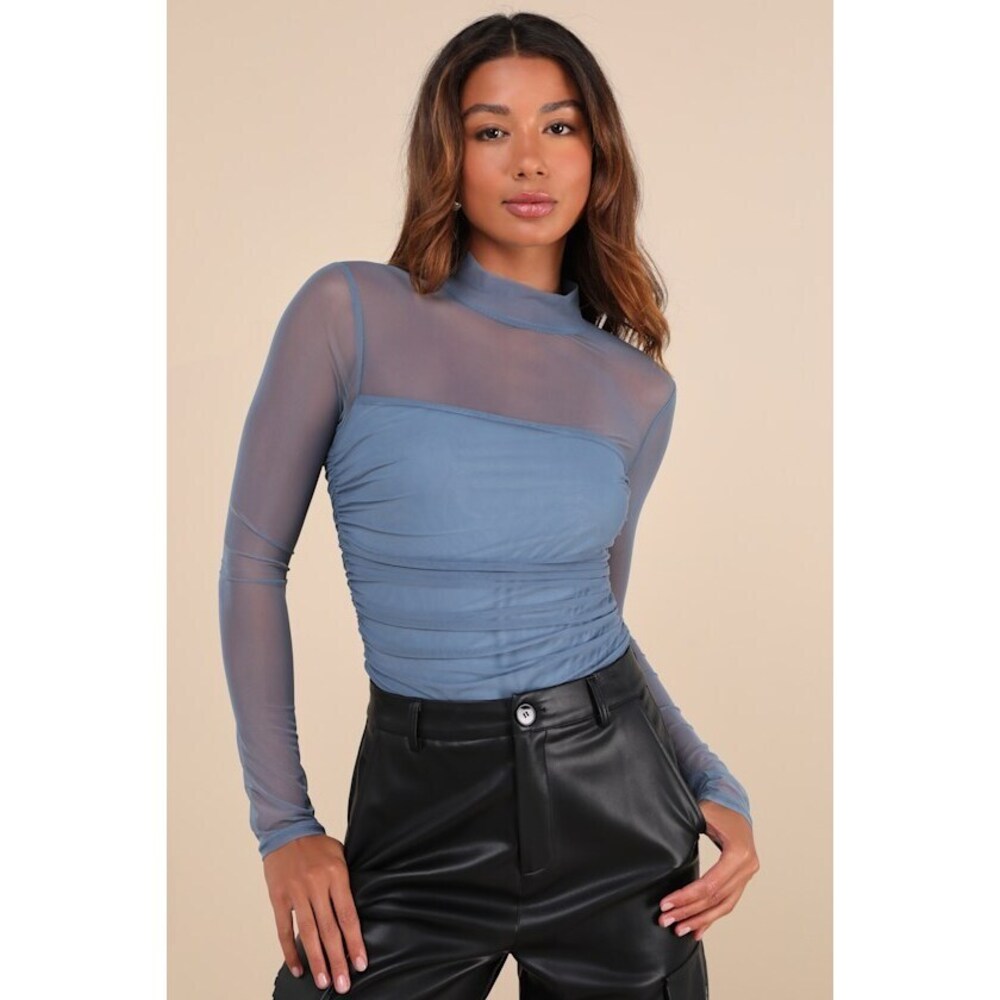 Lulus Clearly Alluring Slate Blue Mesh Long Sleeve Mock Neck Bodysuit - Size M